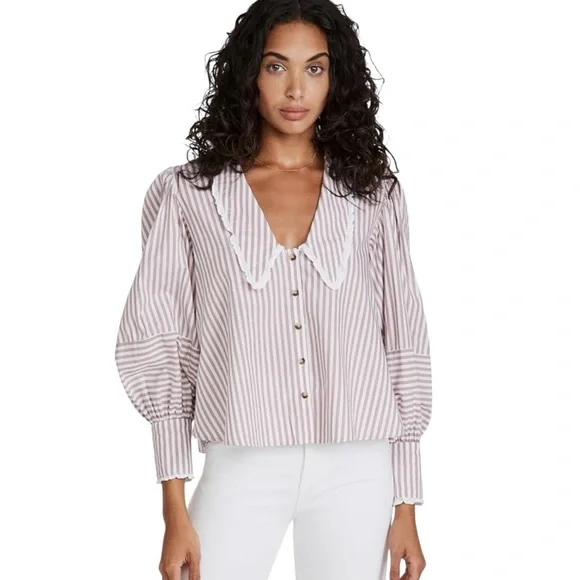 Free People Bexley Cotton Striped Blouse Button Up Puffed Sleeve Lace NEW M - Picture 15 of 15